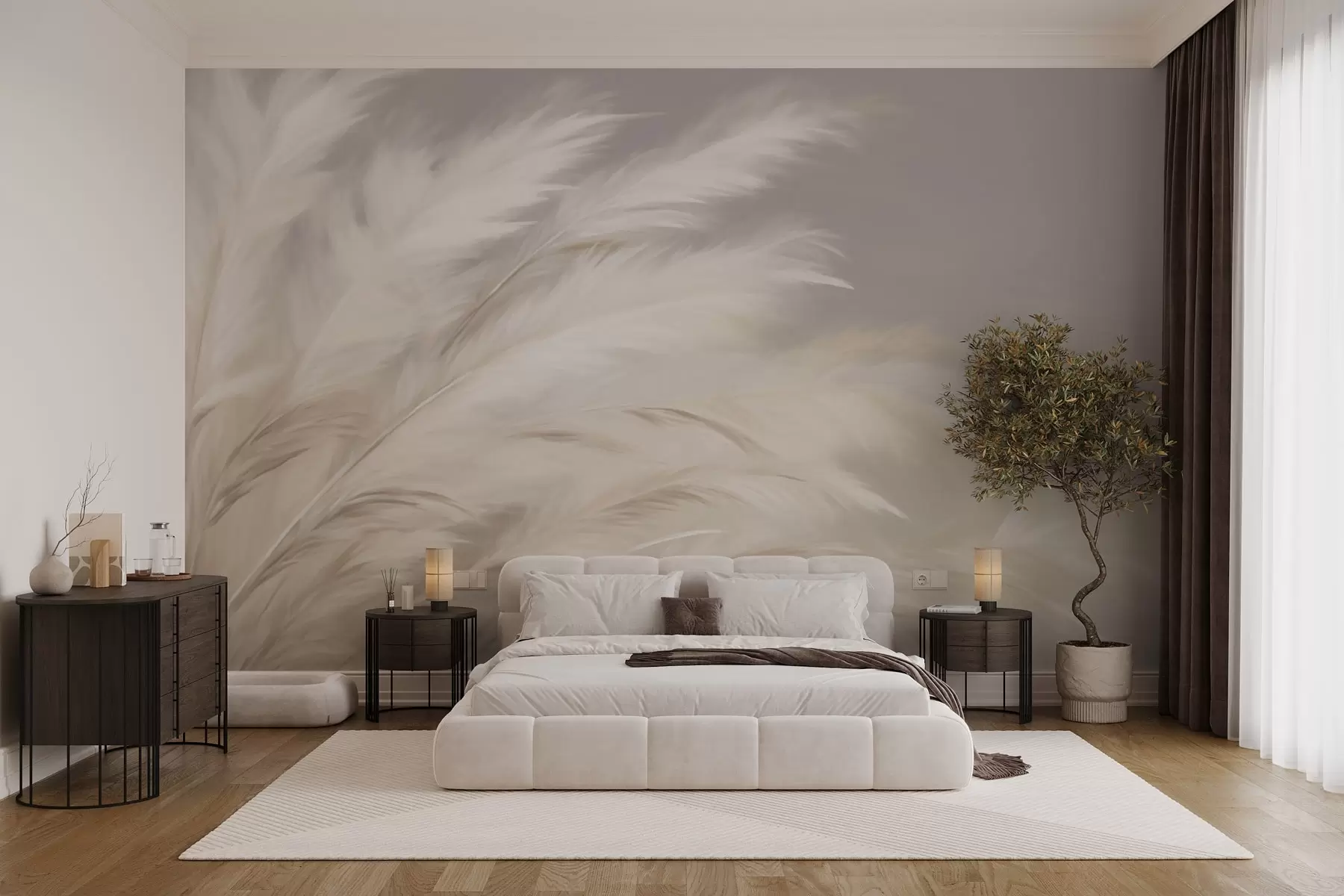 wall murals Меке, пахуљасте траве у беж и сивој боји w03992