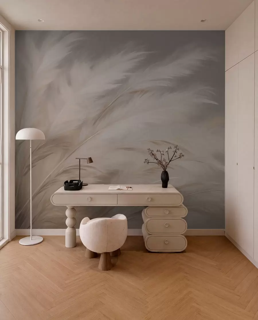 wall murals Меке, пахуљасте траве у беж и сивој боји w03992