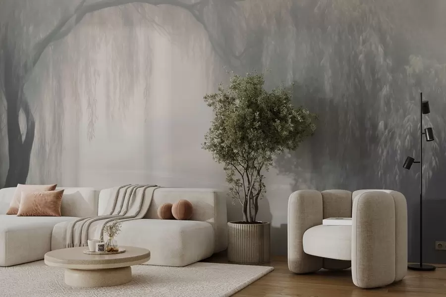 wall murals Мистична врбова обала у јутарњој магли w03995