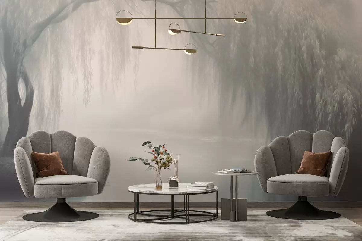 wall murals Мистична врбова обала у јутарњој магли w03995