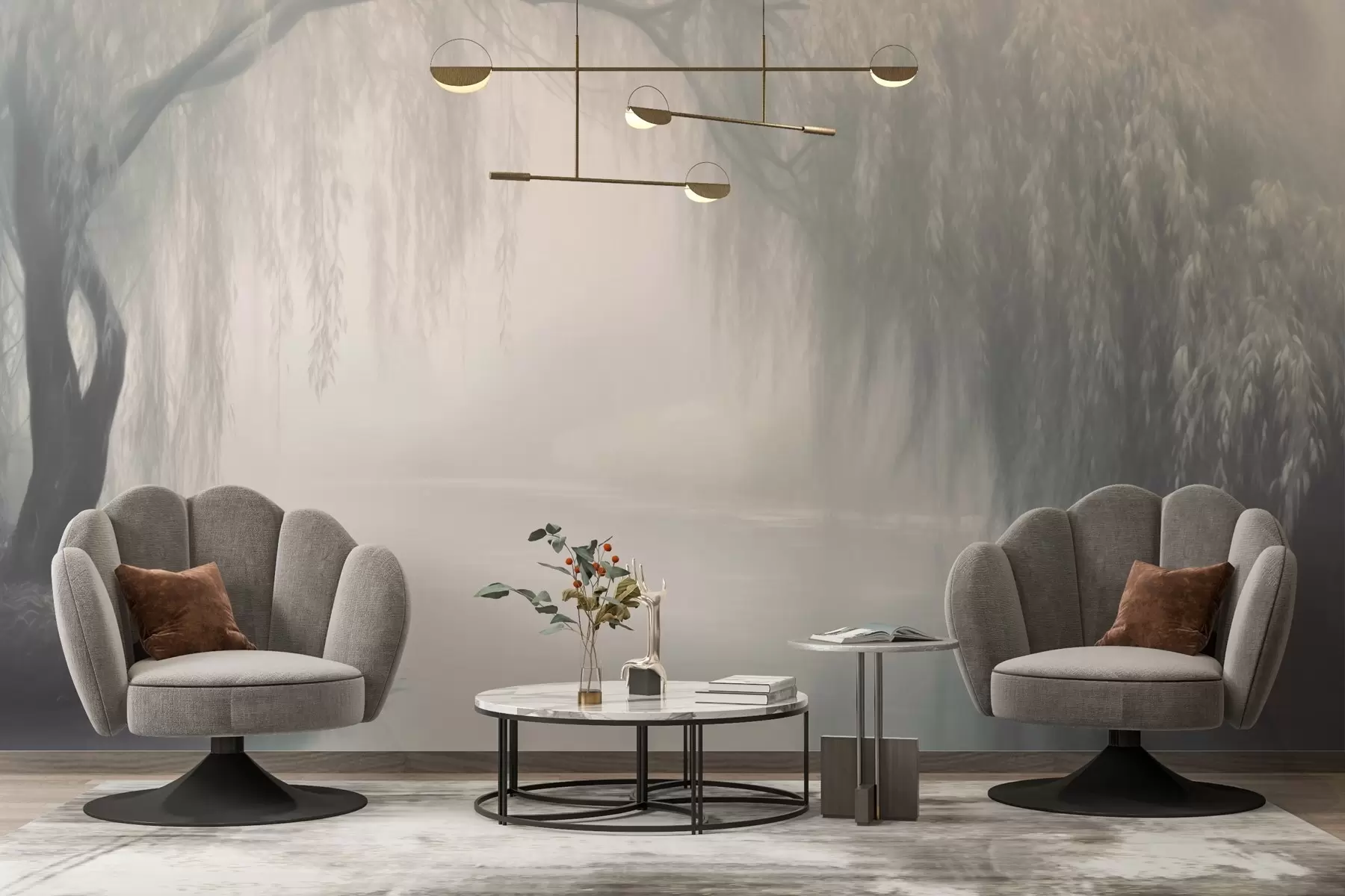 wall murals Мистична врбова обала у јутарњој магли w03995