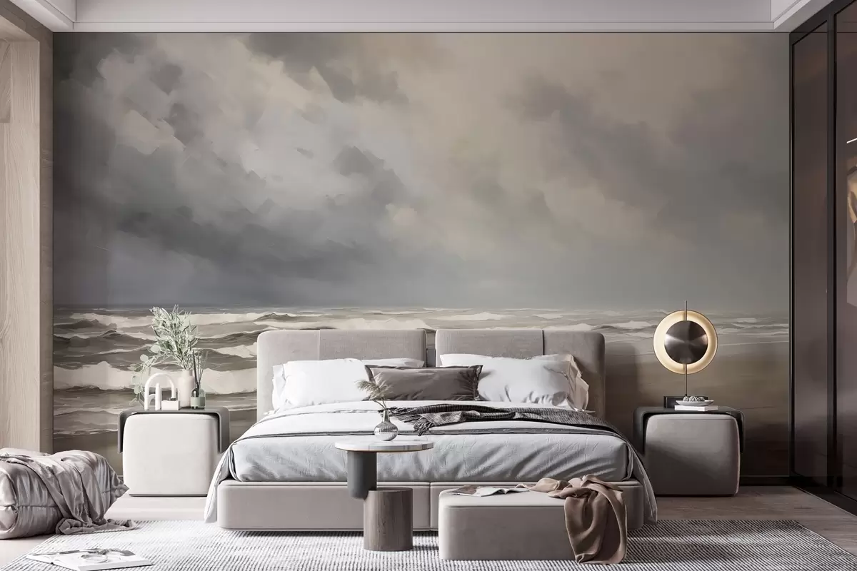 wall murals Море на киши, сиви и беж тонови, атмосферска композиција w03998