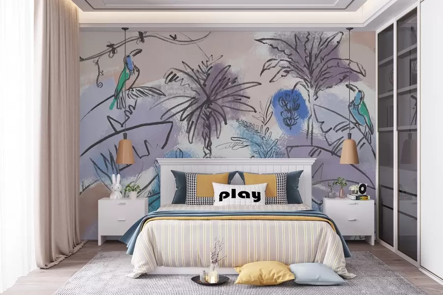 wall murals Тропски принт са плавим цвећем, сликовити папагаји w04019v2