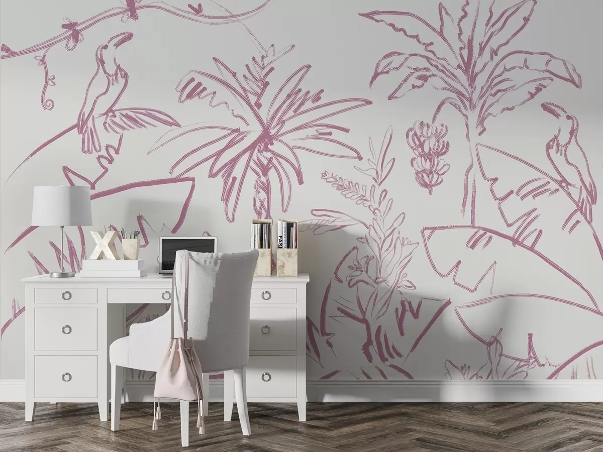 wall murals Тропске линије у ружичастој боји, тропске биљке, банане w04020v2