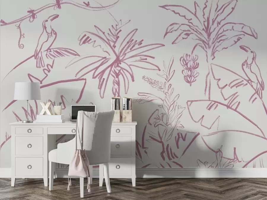 wall murals Тропске линије у ружичастој боји, тропске биљке, банане w04020v2