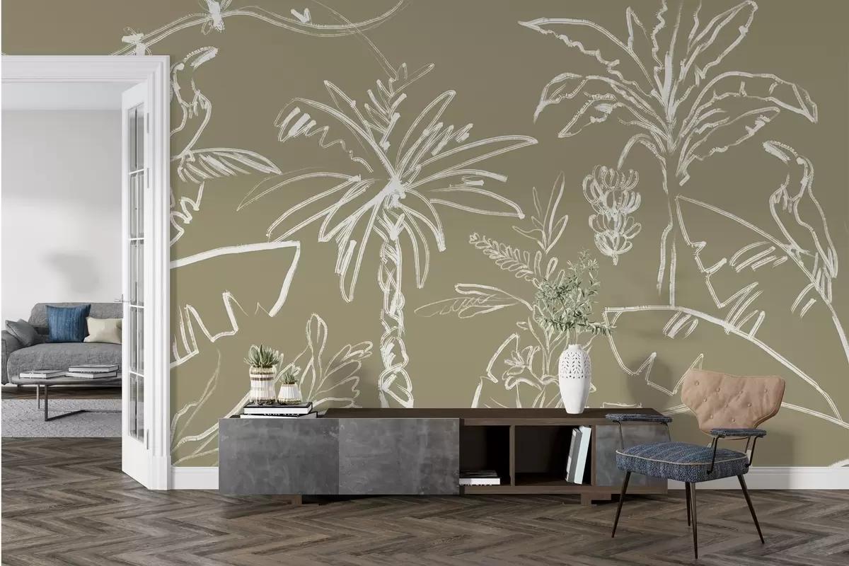 wall murals Тропски узорак на маслинасто смеђој позадини, палме, банане w04020v3