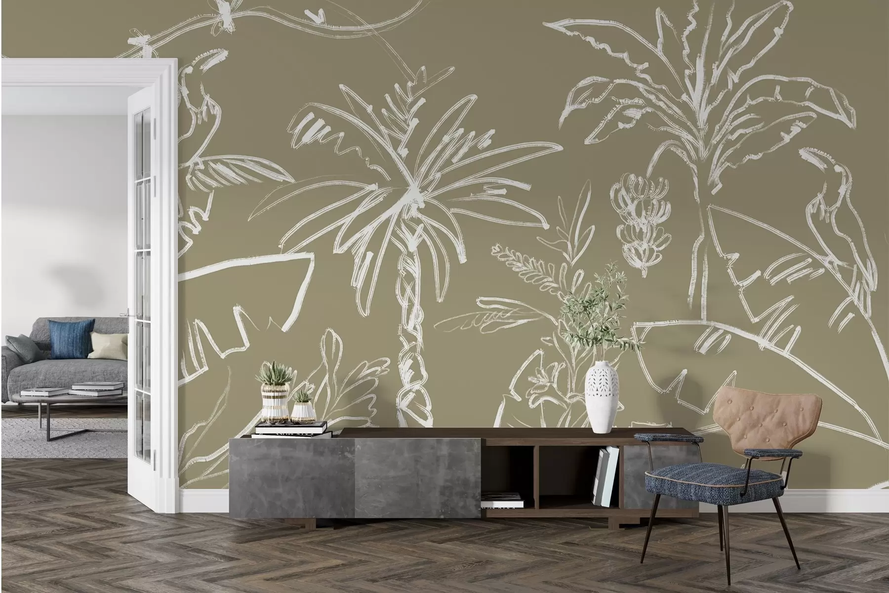 wall murals Тропски узорак на маслинасто смеђој позадини, палме, банане w04020v3