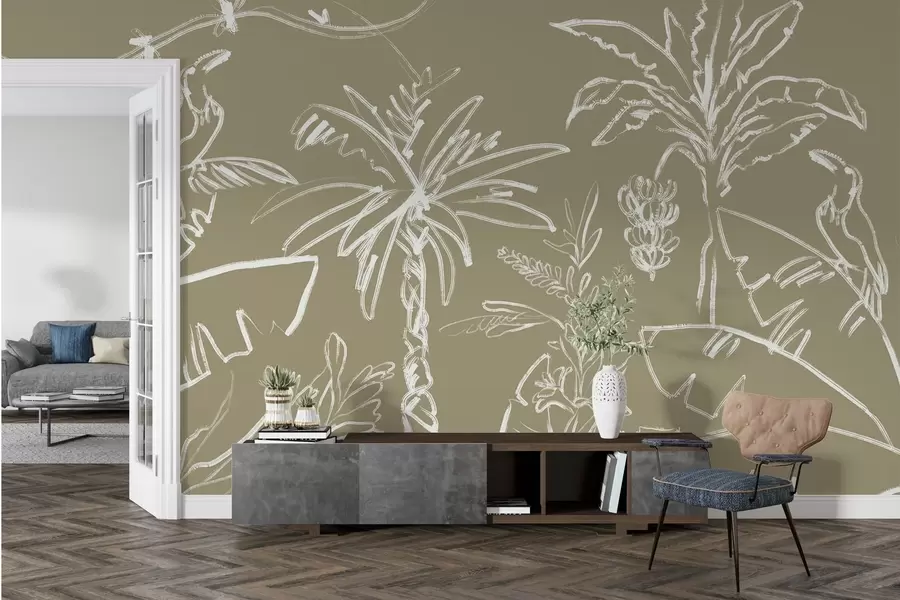 wall murals Тропски узорак на маслинасто смеђој позадини, палме, банане w04020v3