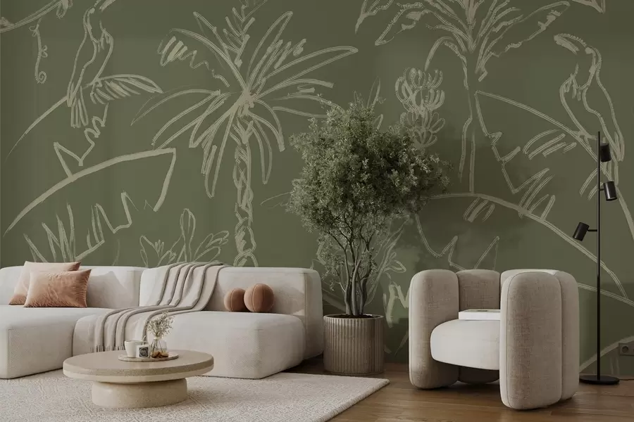 wall murals Тропски узорак на зеленој позадини, палме, банане w04020v6