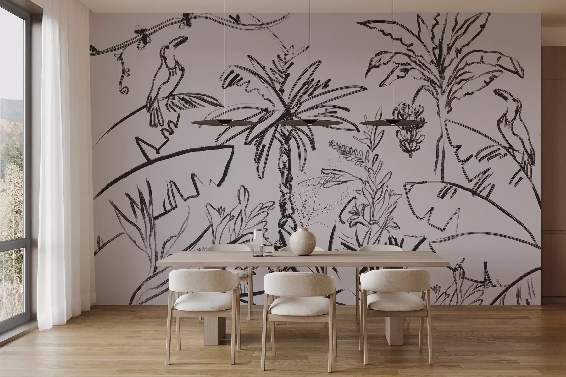 wall murals Тропски узорак у црној боји, палме, банане, контурна графика w04020v7