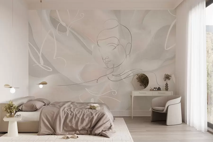 wall murals Цветна апстракција са цртежом Буде, беж боје w04004