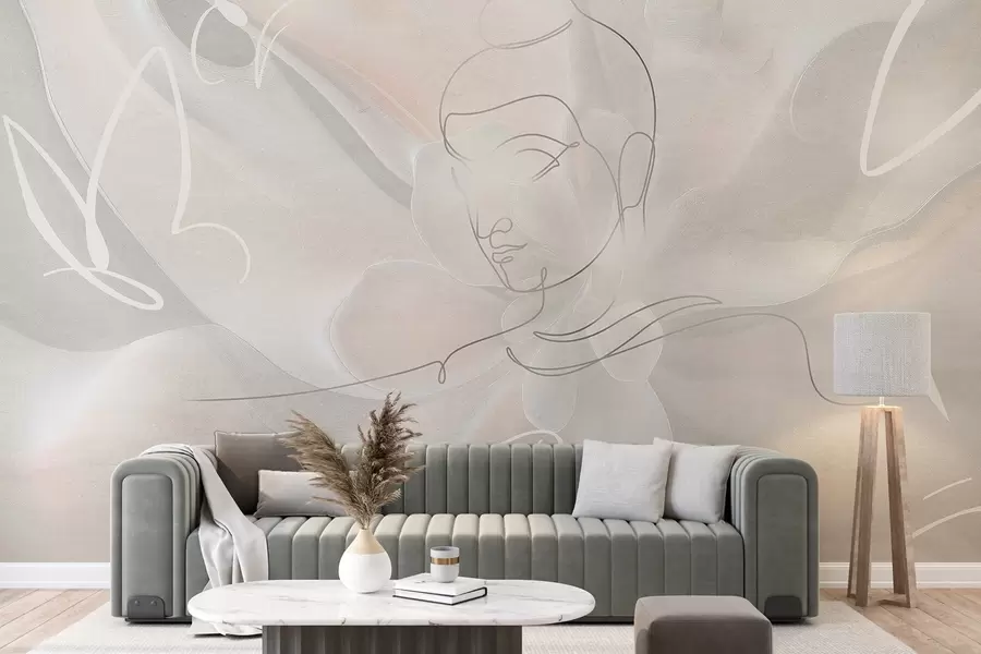 wall murals Цветна апстракција са цртежом Буде, беж боје w04004