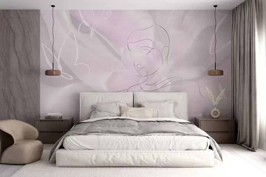 wall murals Цветна апстракција са цртежом Буде, ружичасте боје w04004v2