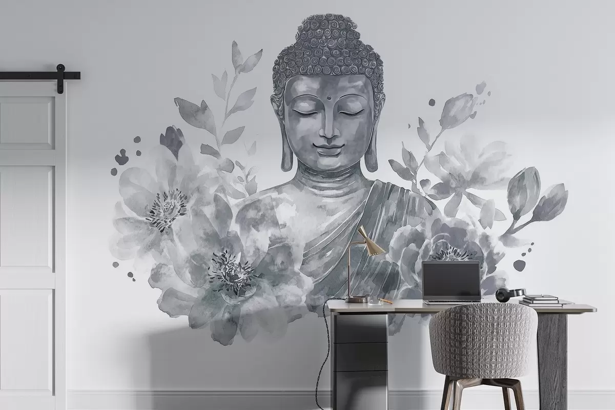 wall murals Акварел Буда са цвећем, духовна, сива палета боја w04005v1