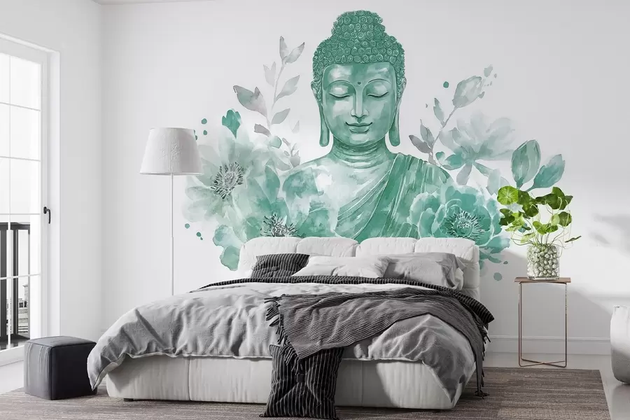 wall murals Акварел Буда са цвећем, духовна, зелена палета боја w04005v3