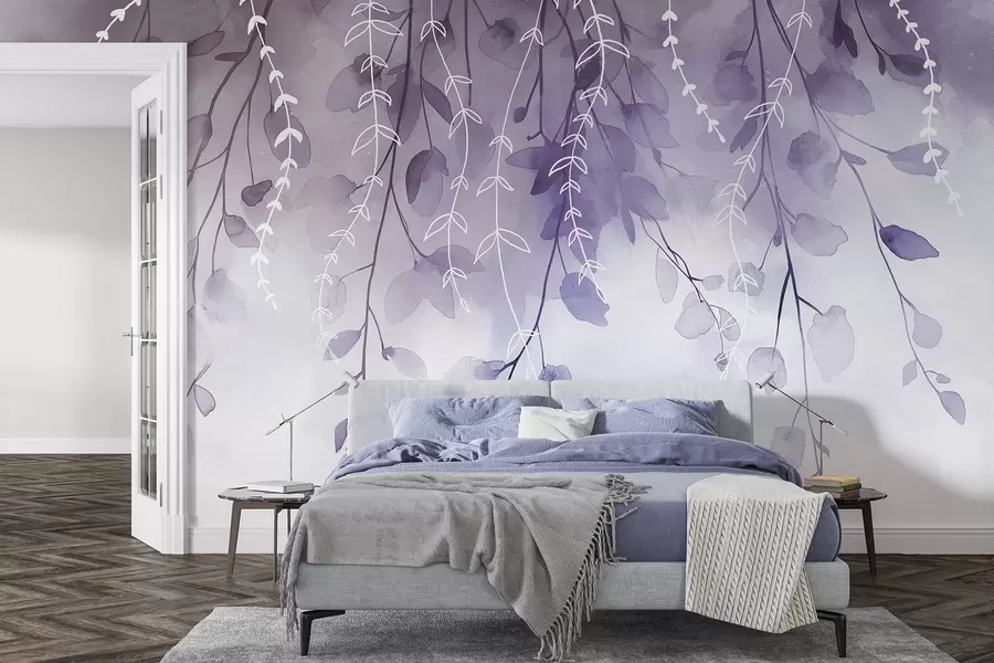 wall murals Гране са листовима у акварел стилу, природне љубичасте боје w04007v2