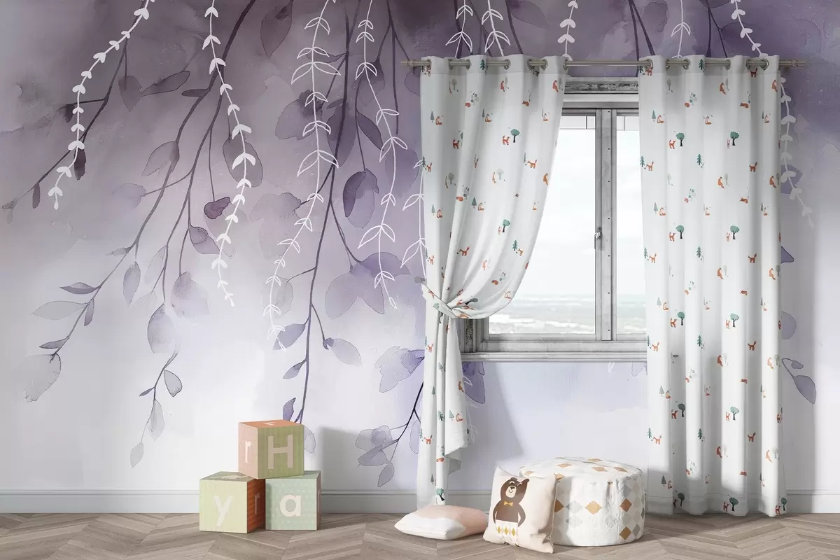 wall murals Гране са листовима у акварел стилу, природне љубичасте боје w04007v2