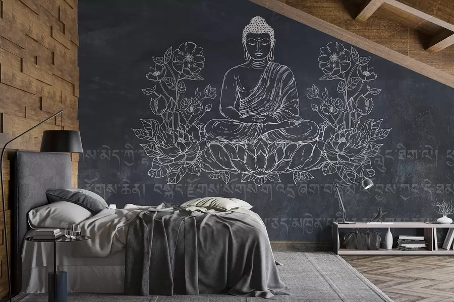 wall murals Медитирајућег Буде са цветовима лотоса, линијске цртеже, оријенталне, тамне позадине w04008