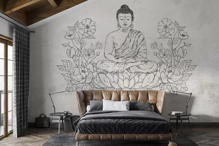 wall murals Медитирајућег Буде са цветовима лотоса, линијске уметности, оријенталне, беж позадине w04008v1