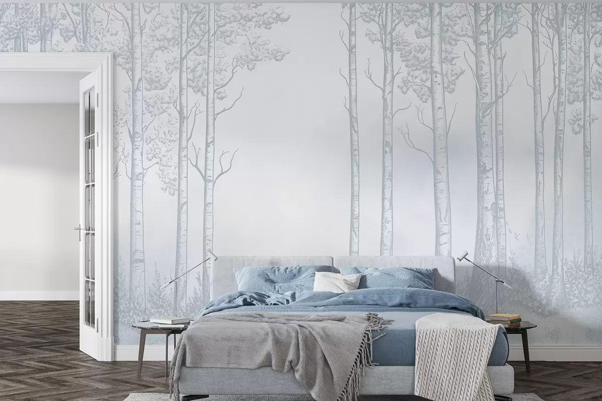 wall murals Шума са брезама, минимализам, природа, плава палета боја w04009