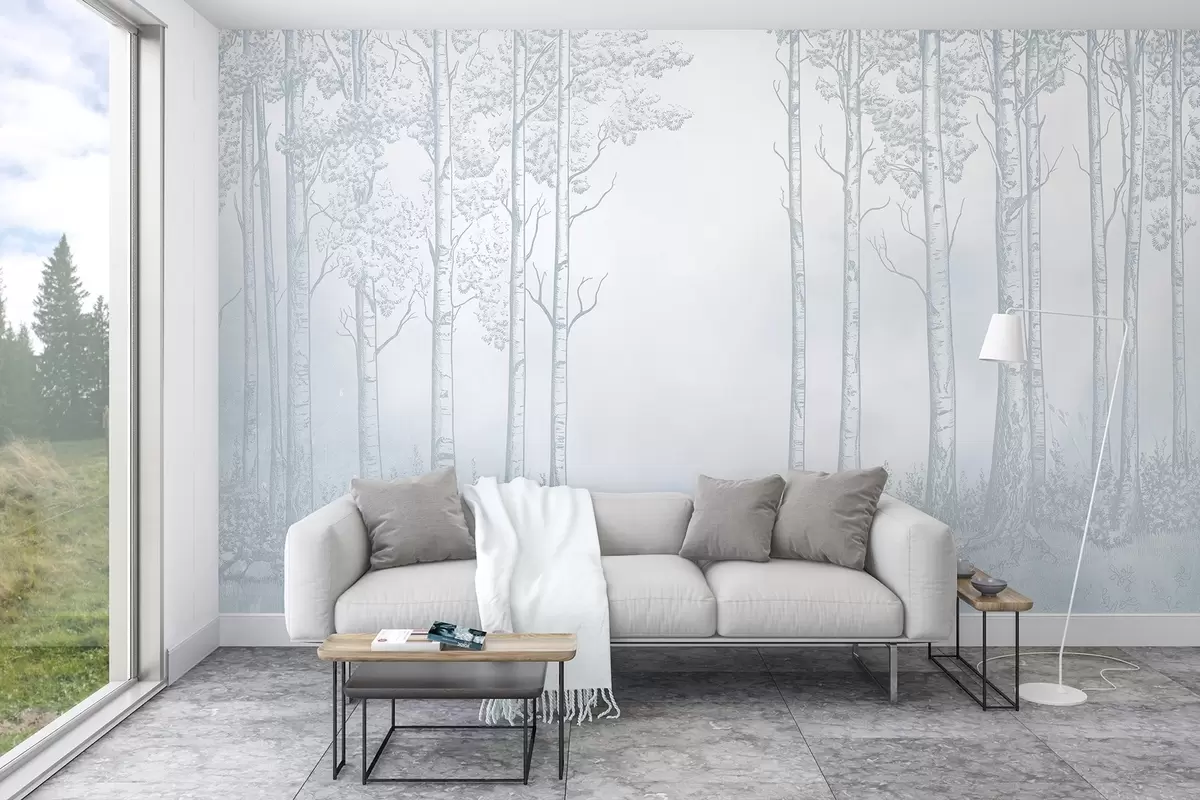 wall murals Шума са брезама, минимализам, природа, плава палета боја w04009