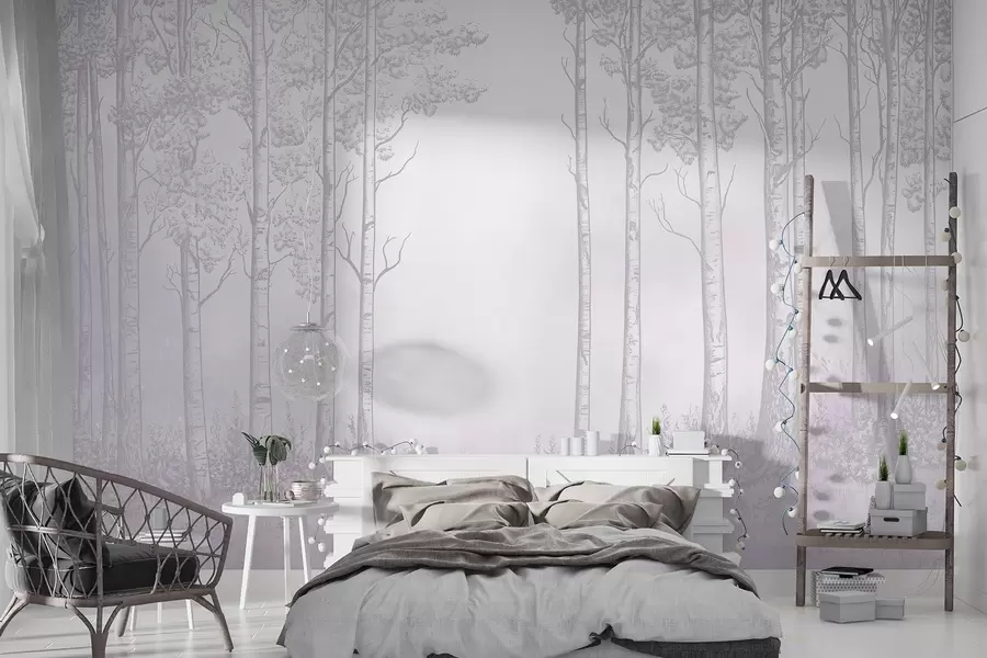 wall murals Шума са брезама, минимализам, природа, ружичаста палета боја w04009v2