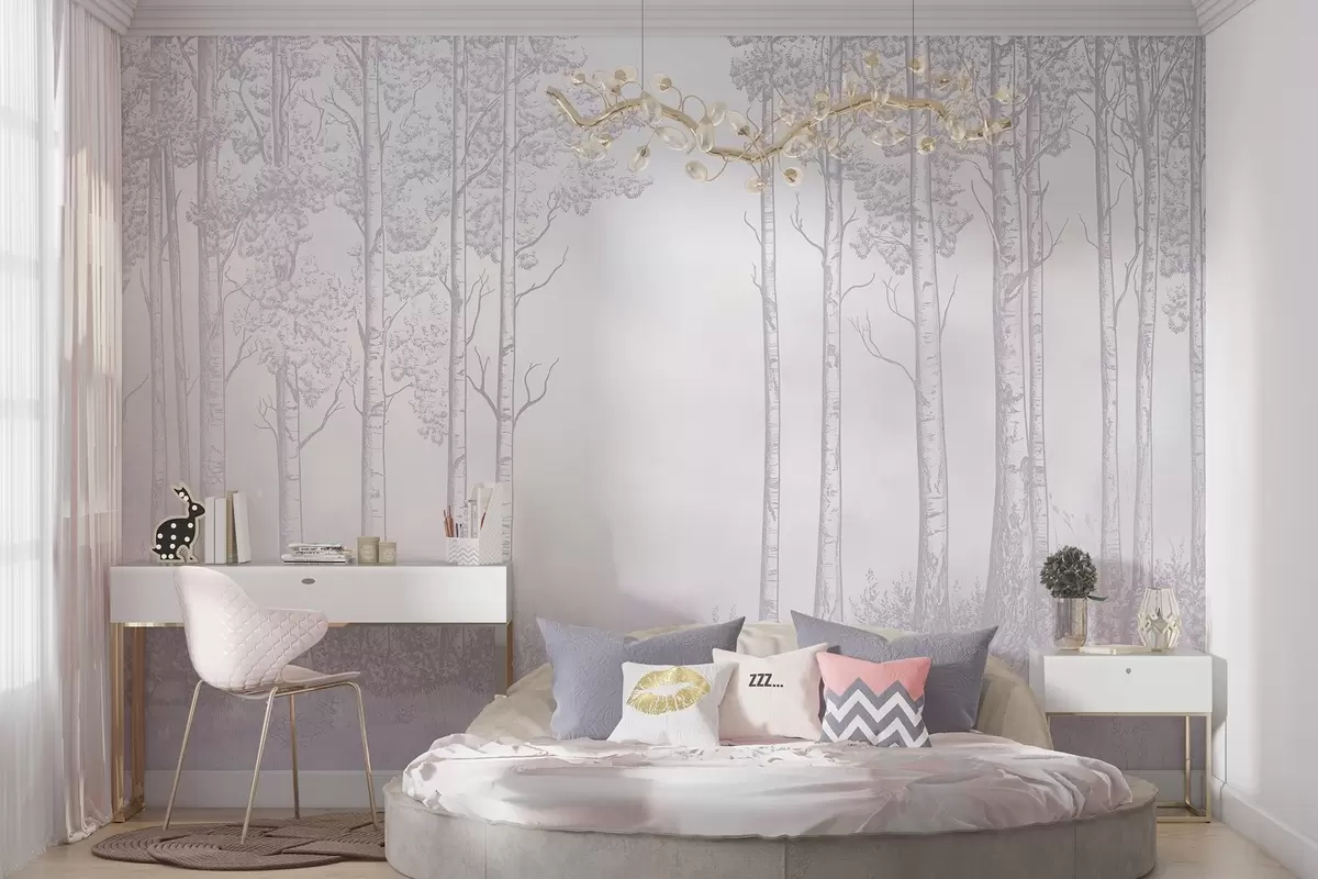 wall murals Шума са брезама, минимализам, природа, ружичаста палета боја w04009v2