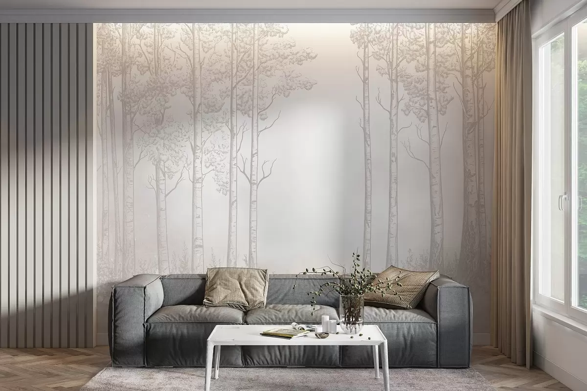 wall murals Шума са брезама, минимализам, природа, беж палета боја w04009v3