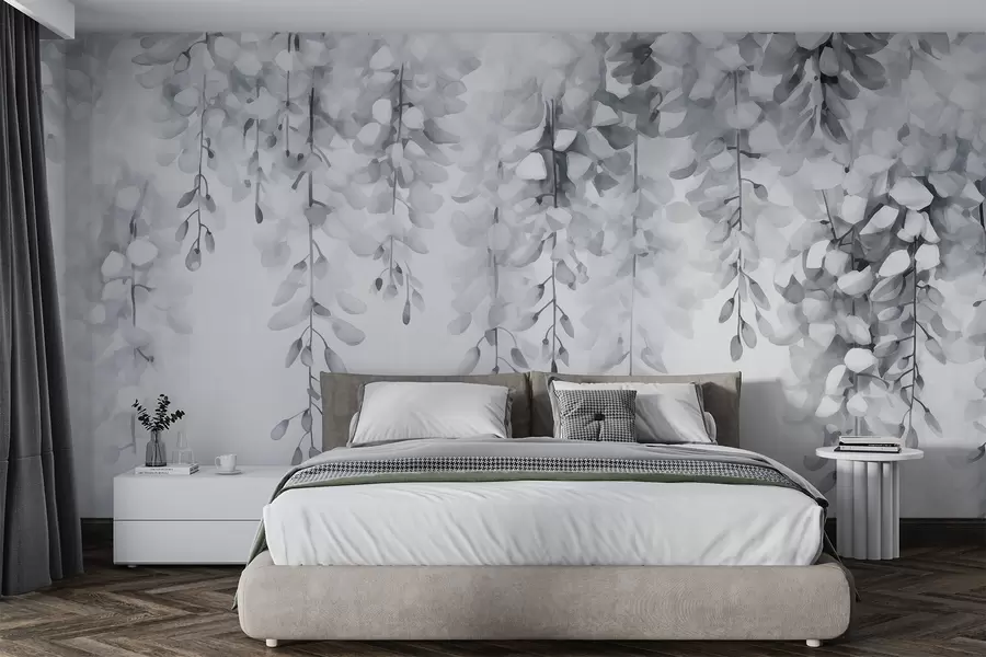 wall murals Монохромни акварел са каскадним глицинијама у хладним сребрним и белим тоновима, који евоцира мир и зимску мекоћу w04034v1