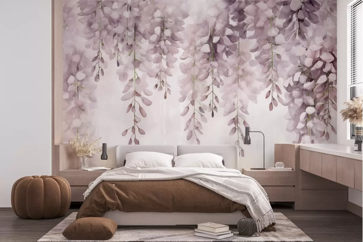 wall murals Нежна акварелна сцена у кремасто ружичастим тоновима, са каскадним гроздовима глициније који формирају сањиву цветну завесу w04034v2