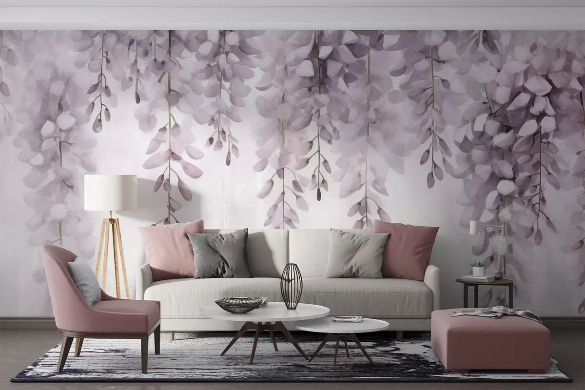 wall murals Акварелна сцена са нежном јоргованом глицинијом која се слива одозго, евоцирајући мир и јасноћу јутарње измаглице w04034v3