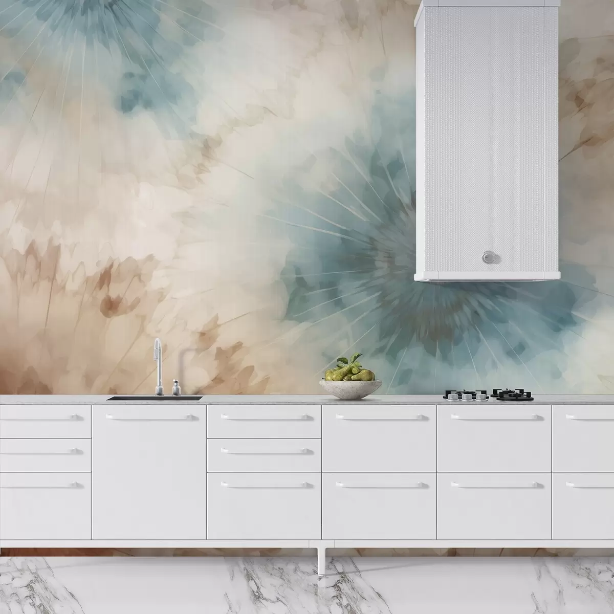 wall murals Зрачећи бљескови у небеско плавим, глиненим и окер тоновима стварају нежну интеракцију уземљене енергије и ваздушног ширења, евоцирајући пулс природе w04036