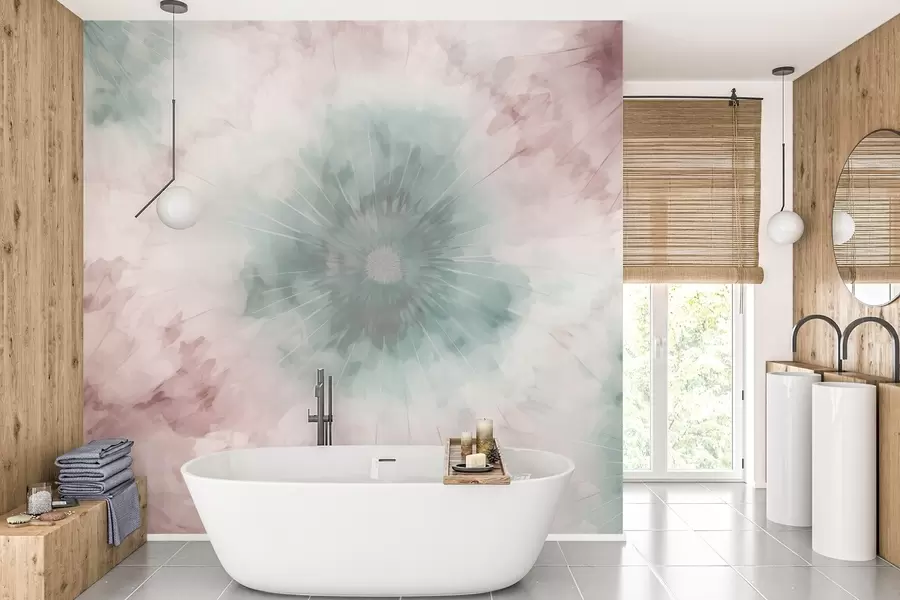 wall murals Акварелни радијални узорак који меша магловито зелене и прашњаво ружичасте нијансе, евоцирајући мекоћу јутарње росе и први дах дана w04036v2