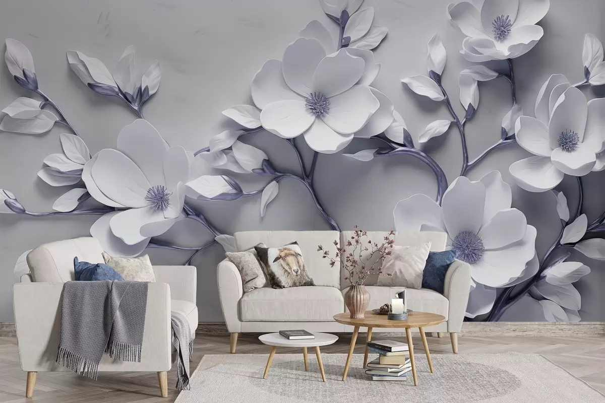 wall murals Димензионални цветни дизајн у нежним белим и љубичасто-сивим тоновима w04039v1