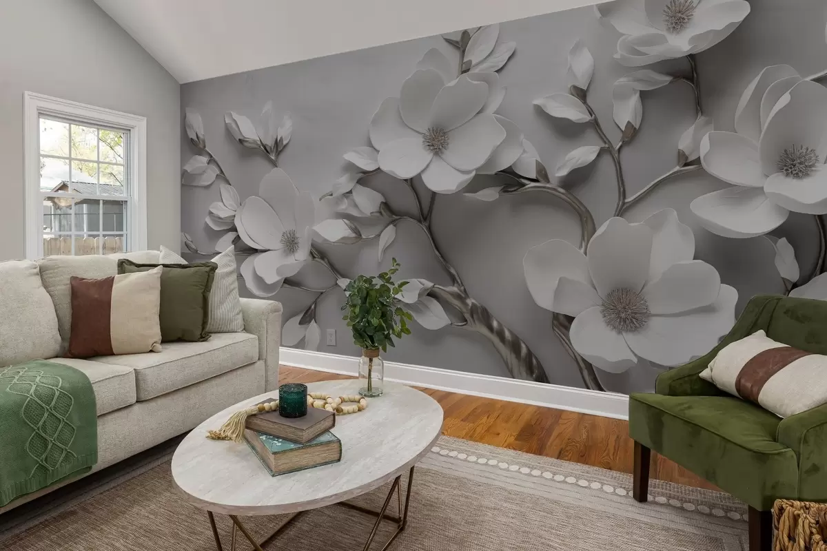 wall murals Димензионална цветна грана у чисто белим и неутралним тоновима w04039v2