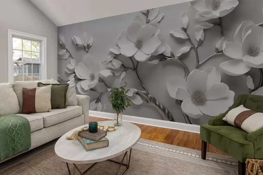 wall murals Димензионална цветна грана у чисто белим и неутралним тоновима w04039v2