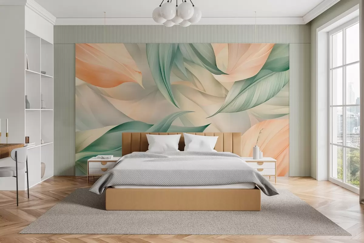 wall murals егзотично тропско лишће у нежним бресквастим и зеленим тоновима w03962