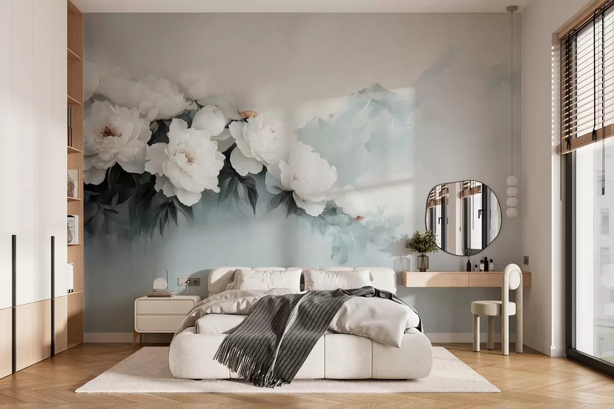 wall murals сликовити бујни бели божури на позадини магловитих планина w03965