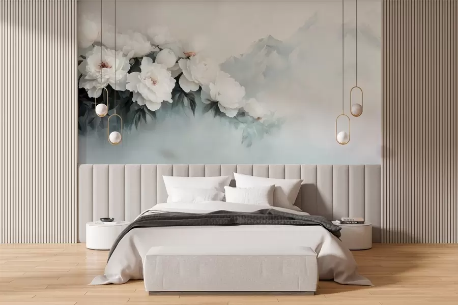 wall murals сликовити бујни бели божури на позадини магловитих планина w03965