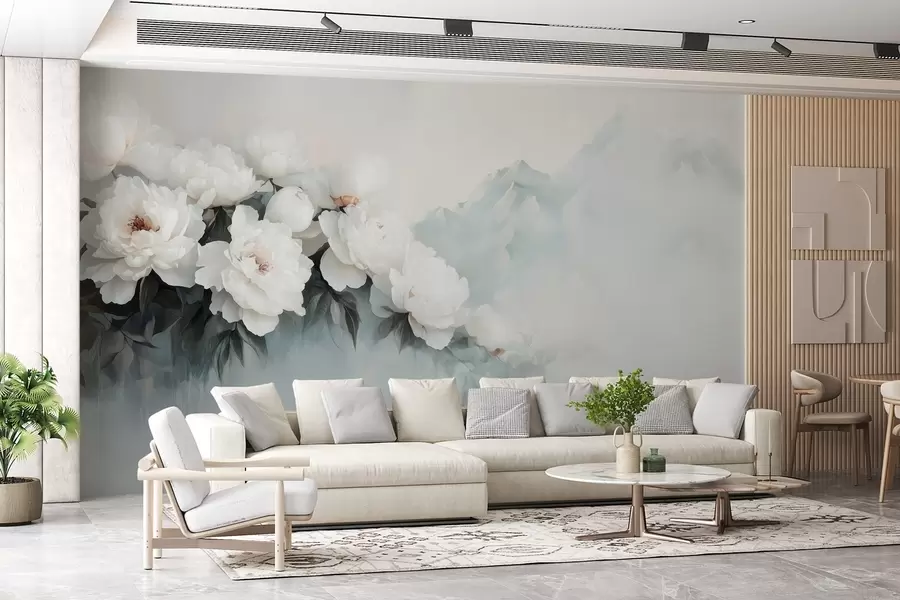 wall murals сликовити бујни бели божури на позадини магловитих планина w03965