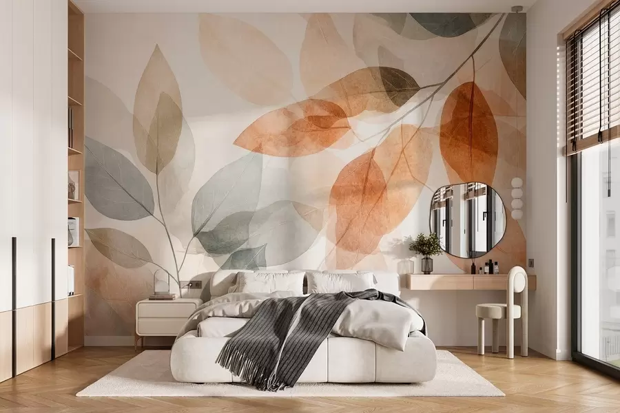 wall murals листови у акварелном стилу у нијансама сепије и сиве w04024