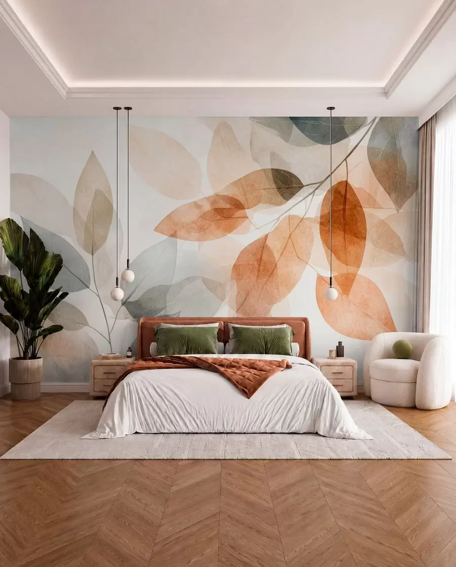 wall murals листови у акварелном стилу у нијансама сепије и сиве w04024