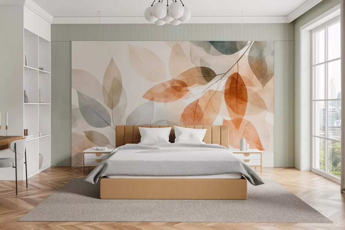 wall murals листови у акварелном стилу у нијансама сепије и сиве w04024