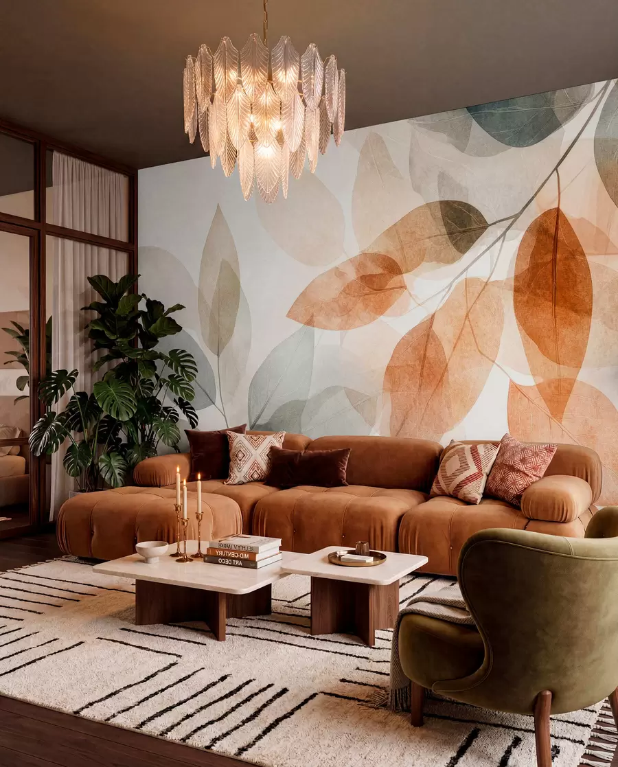 wall murals листови у акварелном стилу у нијансама сепије и сиве w04024
