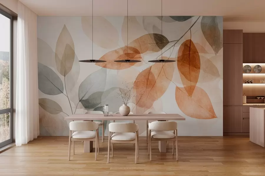 wall murals листови у акварелном стилу у нијансама сепије и сиве w04024