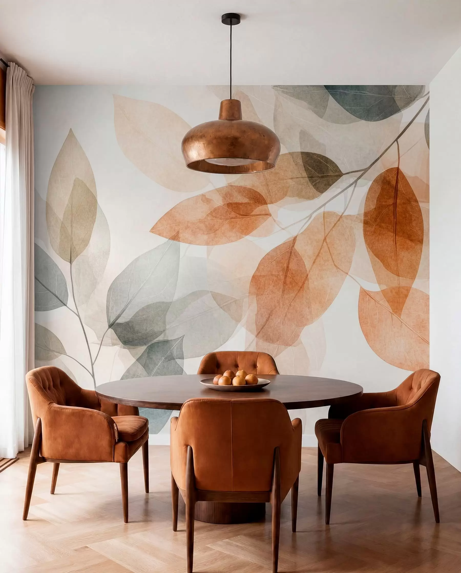 wall murals листови у акварелном стилу у нијансама сепије и сиве w04024
