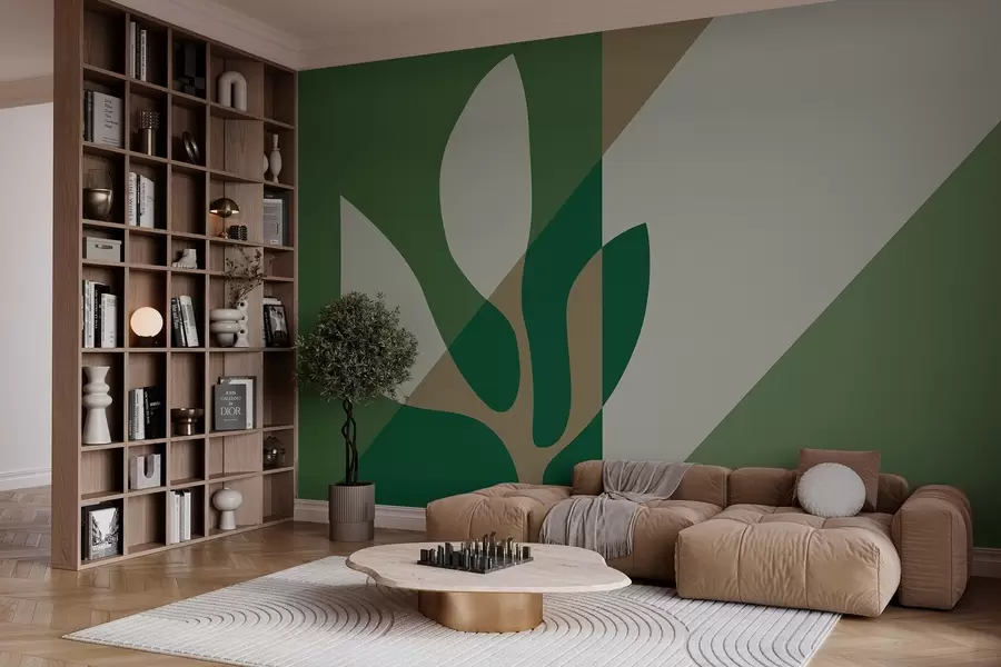 wall murals апстрактна графичка биљка на позадини геометрије у зеленим и окер бојама w04028