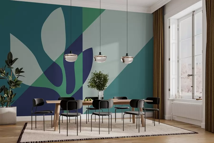 wall murals апстрактна графичка биљка на позадини геометрије у плавим тоновима w04028v1