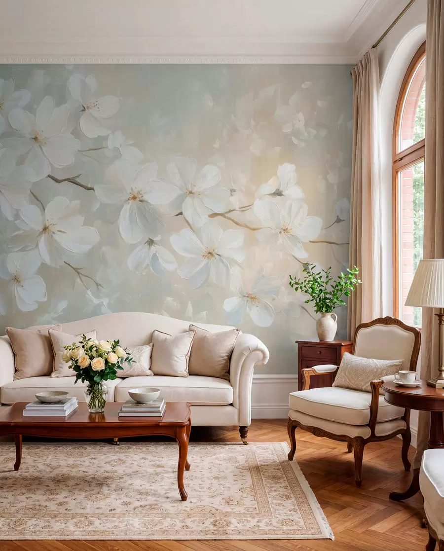 wall murals Нежна цветајућа грана кајсије у стилу уљаног сликарства у пастелним бојама w04029