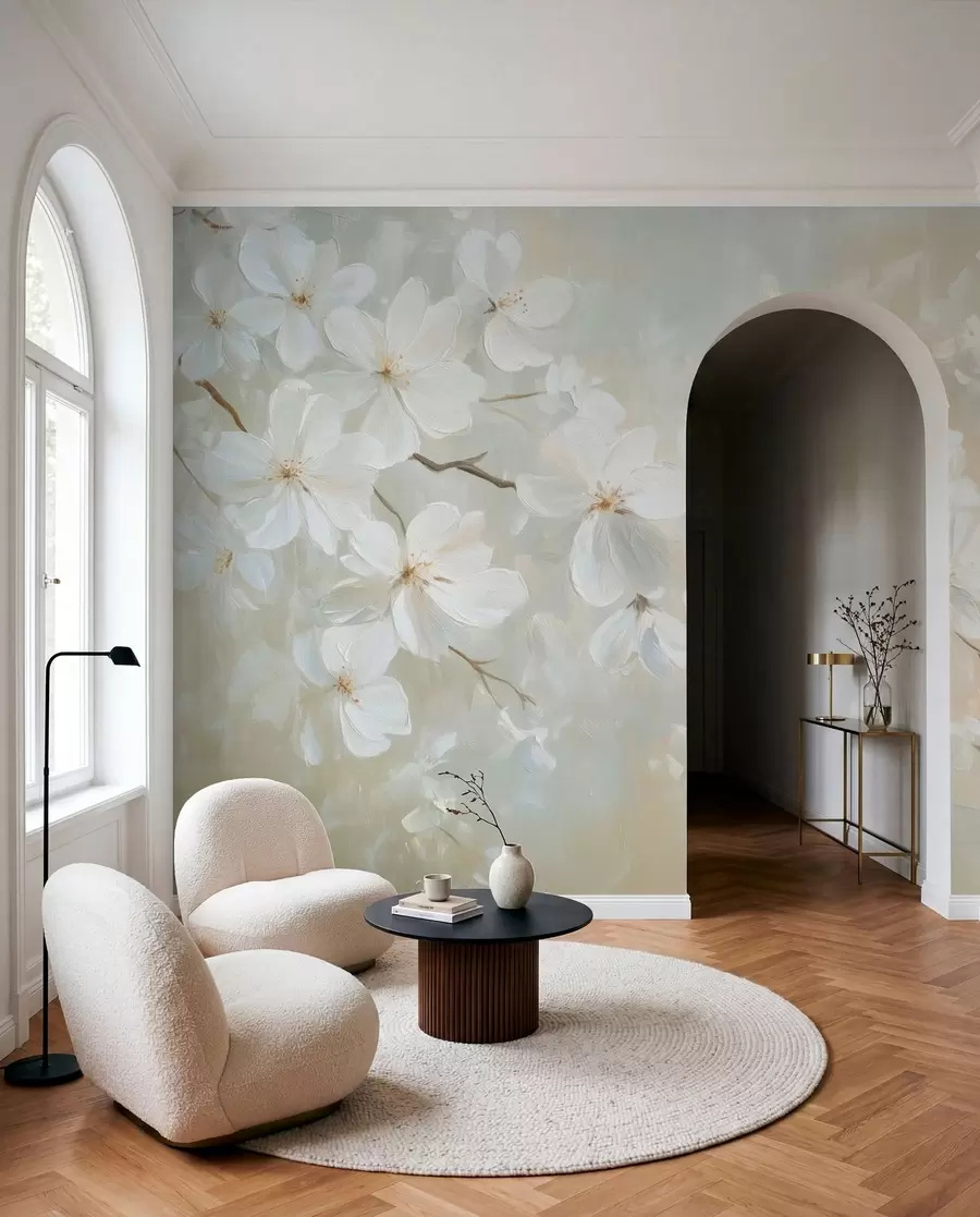 wall murals Нежна цветајућа грана кајсије у стилу уљаног сликарства у пастелним бојама w04029